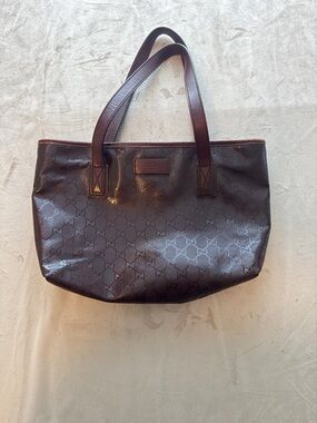 Gucci GG Imprimé Monogram Coated Canvas Tote Shoulder Bag Dark Brown Burgundy